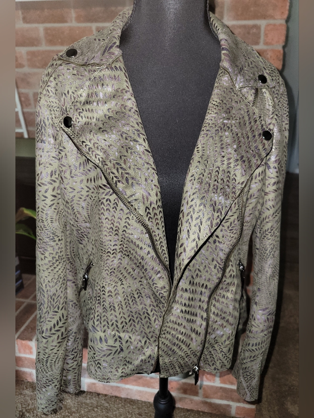 Philosophy Olive Green Patterned Leather Moto Jacket